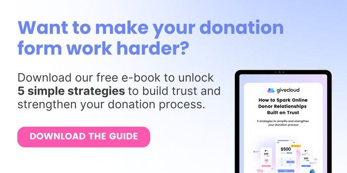 Graphic showing a link to download a free e-book with 5 simple strategies to build trust and strengthen your online donation process for donors. 
