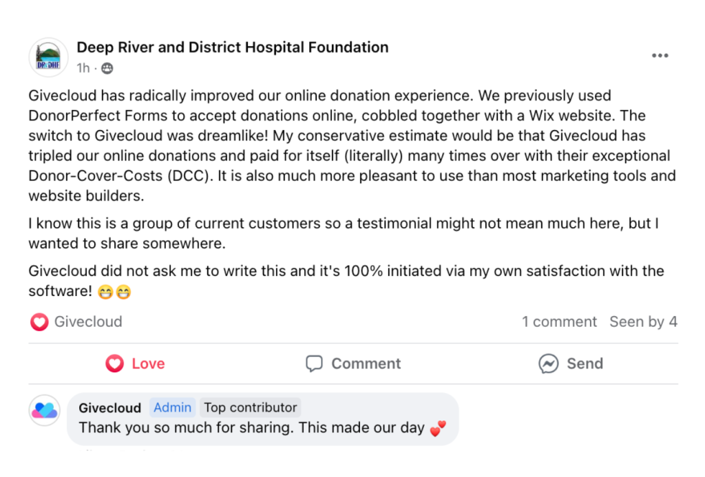 Screenshot of a social media post from a nonprofit saying that Givecloud has greatly improved their donation experience and more than paid for itself with their smart DCC feature.